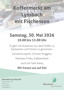 Einladung zum Koffermarkt mit Fischessen am Lyssbach, 30. Mai 2026, 10:00-15:00 Uhr, Kreatives und leckeres Essen.